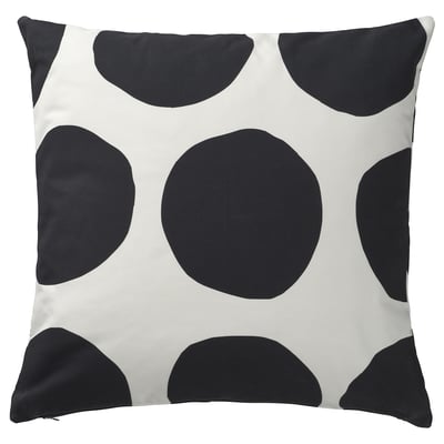 Square throw pillow, white with large black dots, modern design, zip closure.