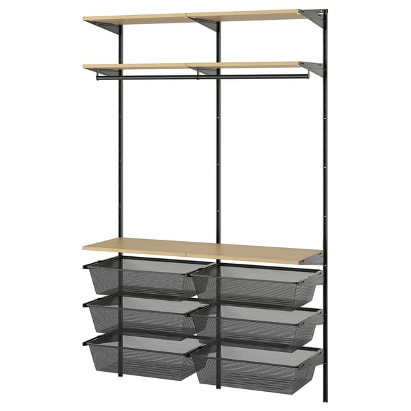 A BOAXEL storage system in black, featuring shelves and mesh baskets for organising items.