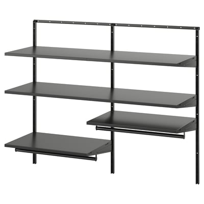 BOAXEL: black wall-mounted storage system with four shelves. Modern, minimalist design ideal for organising outdoor clothing.