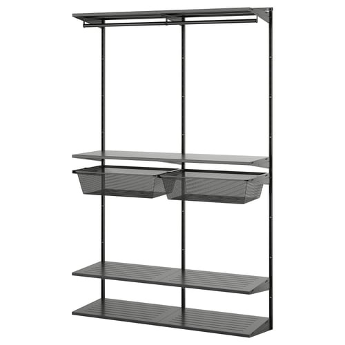 BOAXEL: grey wall-mounted storage with metal and mesh baskets, modern design.