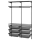 BOAXEL black metal storage unit with mesh baskets and shelves.