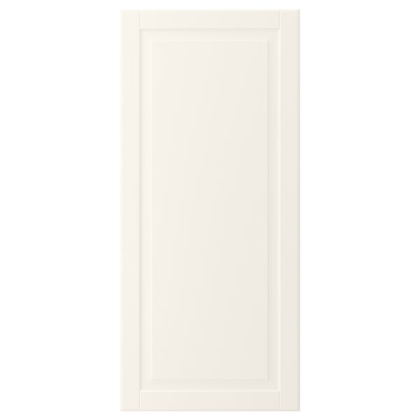 BODBYN off-white kitchen cabinet door with bevelled panels, square shape, smooth lacquered surface.