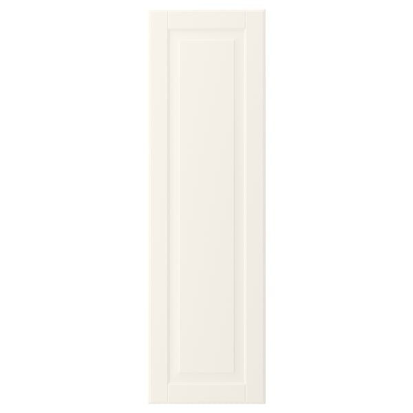 A BODBYN cabinet door. It is off-white with a bevelled panel design. Made from fiberboard, it has a smooth, lacquered finish.