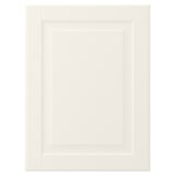 A BODBYN off-white cabinet door with a classic, bevelled design. Its rectangular, made from fiberboard, and coated in moisture-resistant lacquer.