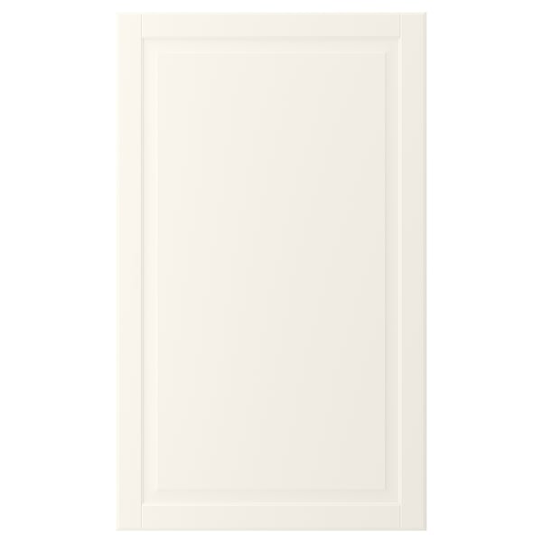 An off-white BODBYN cabinet door with a smooth, lacquered surface and a traditional bevelled panel design.