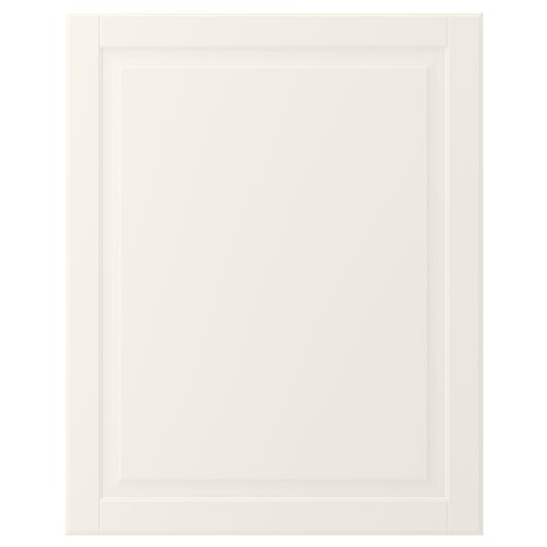 A cream-colored, rectangular cabinet door with a bevelled panel design. It is made from fiberboard and lacquered for easy cleaning.