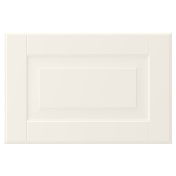 An off-white, rectangular, traditional-style BODBYN kitchen cabinet door with bevelled panels and a smooth lacquered surface.