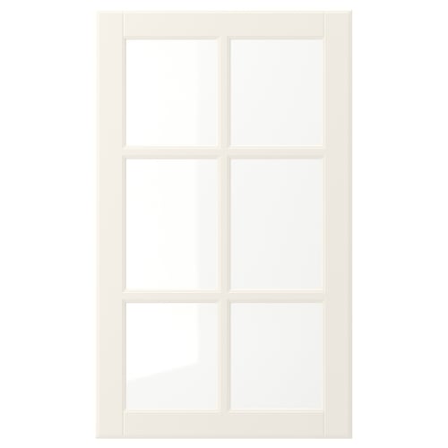 A white BODBYN cabinet door with a classic, bevelled panel design. Its rectangular with smooth, lacquered surfaces and clear glass panels.
