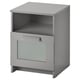 Grey BRIMNES side table with open top shelf, single drawer, and glass front panel.