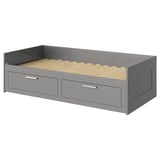 Grey BRIMNES day-bed with 2 drawers, wooden slats, simple modern design.