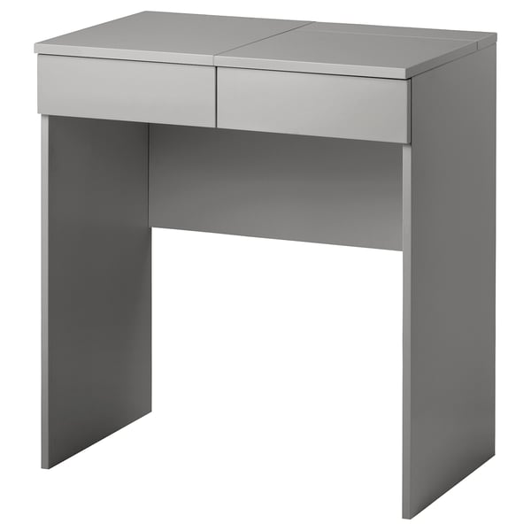 A grey BRIMNES desk with two drawers and a built-in mirror for storage and make-up application.