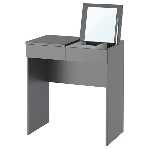 BRIMNES vanity in dark grey with mirror, drawers, and hidden compartment.