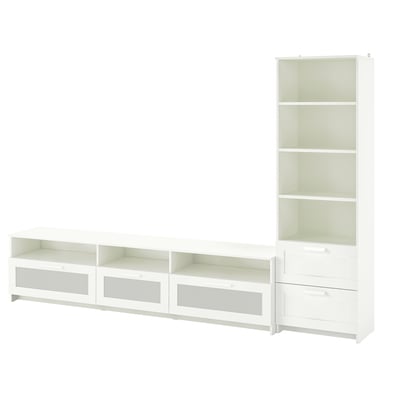 A white BRIMNES tv unit with drawers and shelves, paired with an adjustable bookcase and bottom drawers.