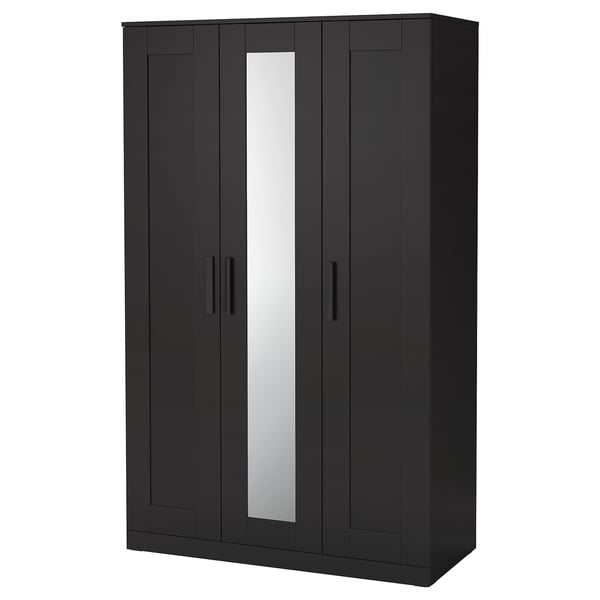 BRIMNES black wardrobe with mirror, rectangular, flat doors, and sleek handles.