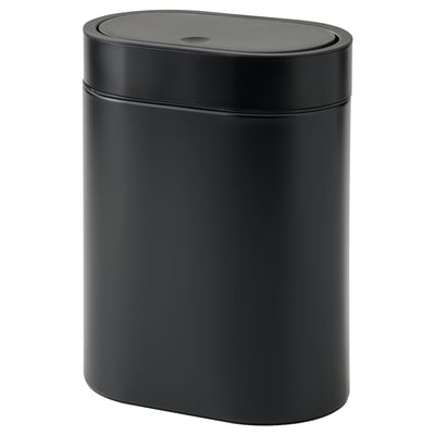 A black BROGRUND rubbish can with a sleek, slim design. It a press-open lid, wall-mount capability, and handles for easy bag attachment.