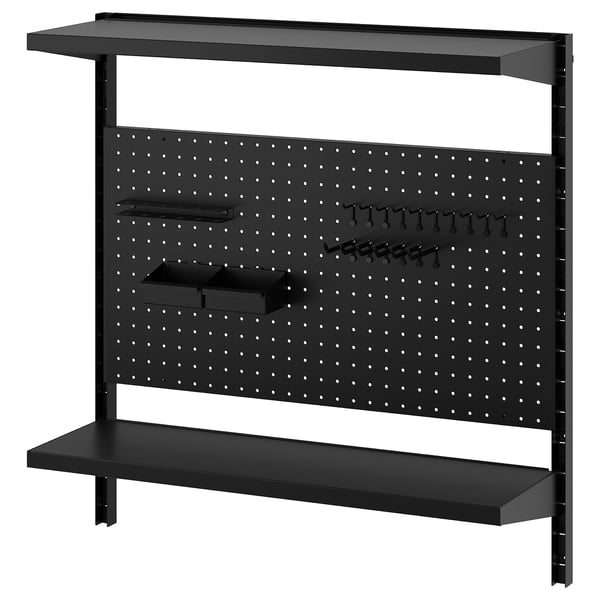 Black BROR storage system: shelves, pegboard, hooks, and accessories, ideal for garage or storage room.