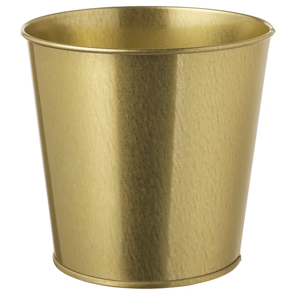 Round golden brass-colored metal planter with smooth edges.