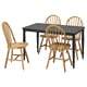 Black square dining table with four light wood chairs, classic design.