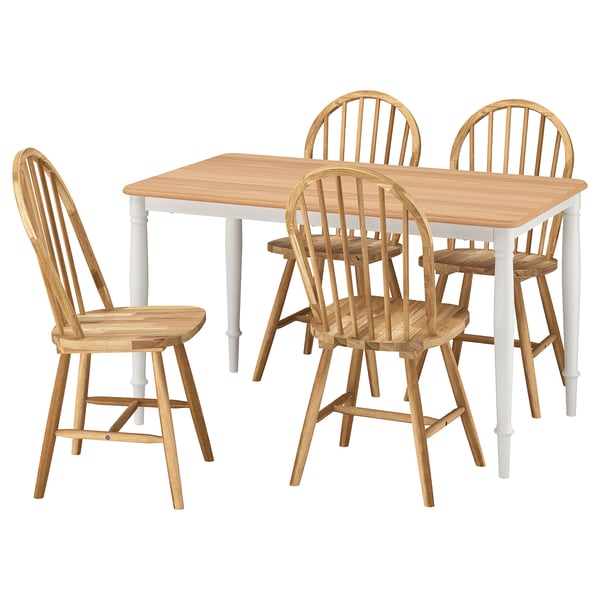 A DANDERYD 4-seat dining set with a light wood table and white legs, accompanied by matching chairs with wooden slatted backs and seats.