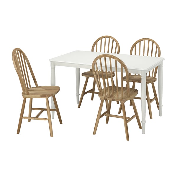 A DANDERYD dining set with a white table and wooden chairs. The set a steel and wood combination with a traditional design.