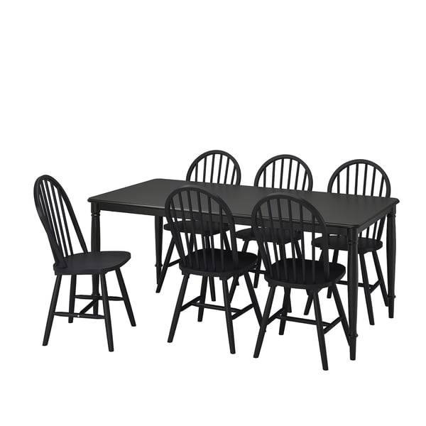 Black 6-seat dining set, classic wooden chairs, sturdy metal table legs, modern traditional design.