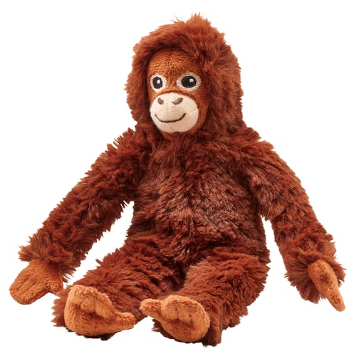 Brown plush orangutan toy, soft with embroidered smile and dark eyes, part of DJUNGELSKOG collection.