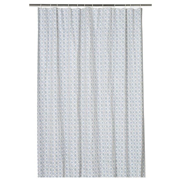 White shower curtain with blue floral pattern, rectangular shape with rod pocket, made of eva plastic.