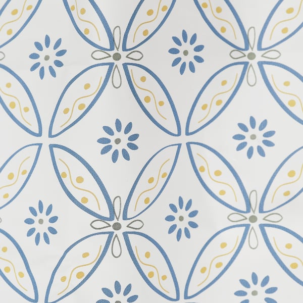 Elegant blue floral pattern on white fabric, likely a high-quality shower curtain with sturdy eva plastic heading tape.
