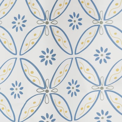 Elegant blue floral pattern on white fabric, likely a high-quality shower curtain with sturdy eva plastic heading tape.