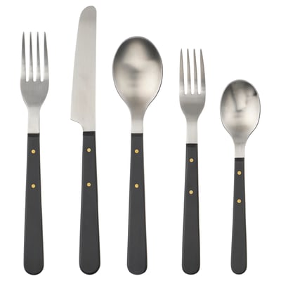 DOFTSKÖLD: modern black cutlery with gold accents. Includes fork, knife, spoon, and smaller utensils. Stainless steel, smooth handles.