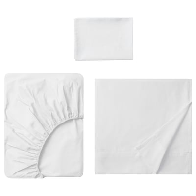 Displays a white DVALA bed linen set, consisting of a flat sheet, a fitted sheet, and a pillowcase, all made of 100% natural cotton.