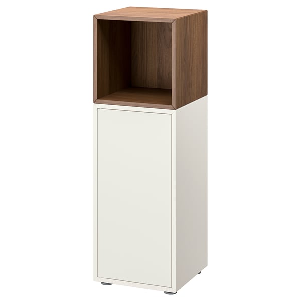 EKET storage unit, white and wood. Slim, rectangular, combines open and closed storage with a simple, modern design.