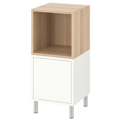 EKET storage unit, white with wood top, combining open and closed storage. Four metal legs for a modern look.