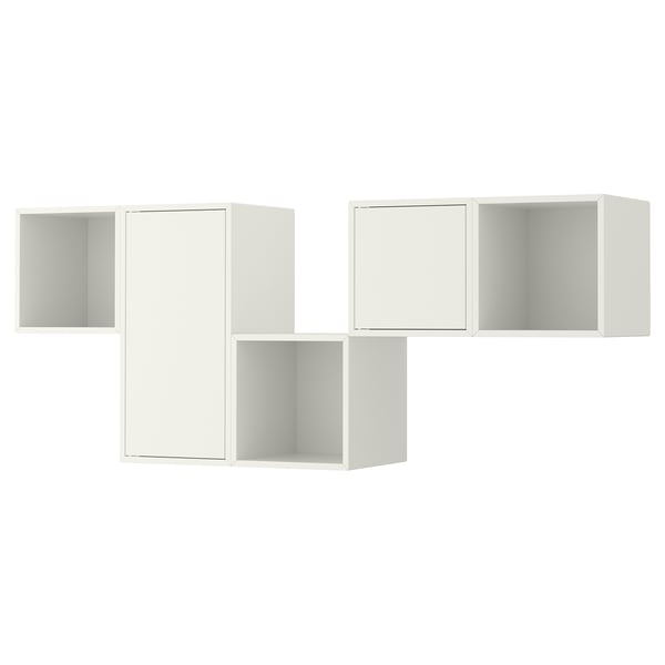 EKET wall storage in white, modern design with mix of open and closed compartments, made from particleboard and fibreboard.