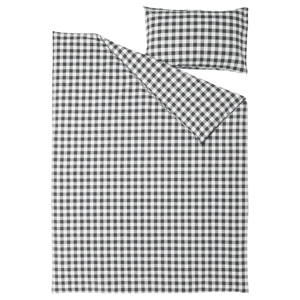 A black and white gingham bedding set. The set includes a duvet cover and a pillowcase made of organic cotton in a square check pattern.