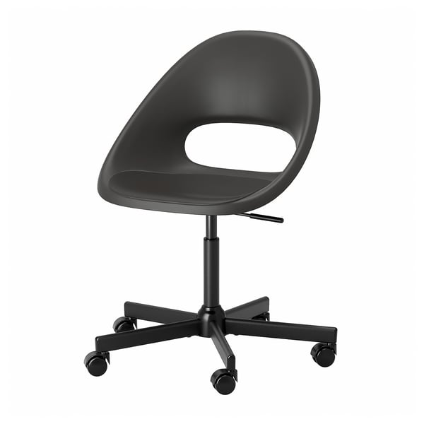 Black ELDBERGET office chair with round back and seat, on five wheels.