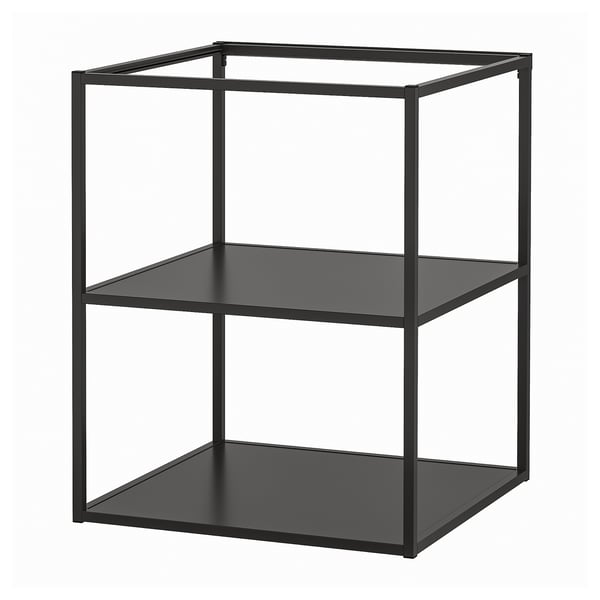 An ENHET open storage frame in black, featuring two shelves. Its made of galvanised steel with a powder coating and has a square, modern design.