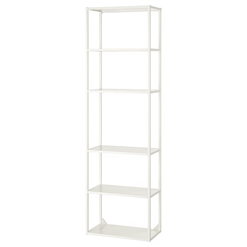 ENHET tall white metal shelf unit: 5 open shelves, modern, sleek design, metal frame.