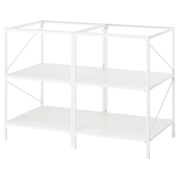 White ENHET metal kitchen island frame. Three-tiered design with open shelving.