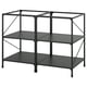 Black metal kitchen island frame with three open shelves. Modern, industrial design.