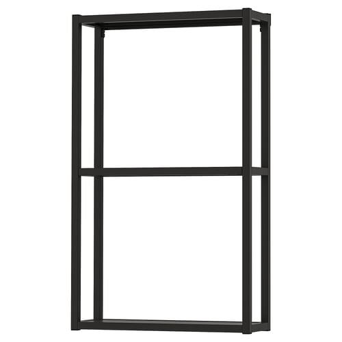 An ENHET open storage frame in black. It a sleek, rectangular design with two metal shelves.