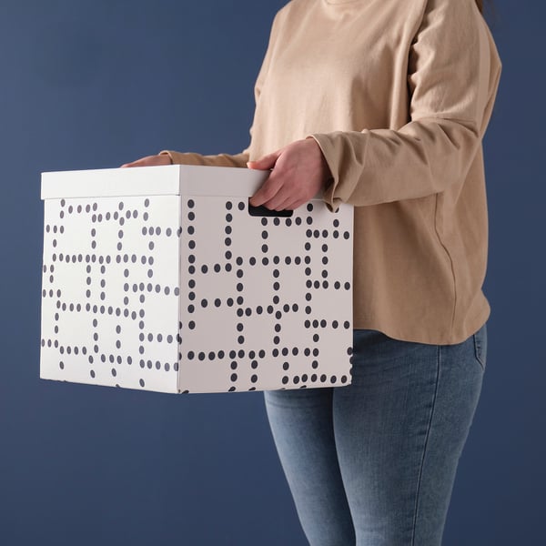 FJÄDERHARV Storage box with lid, white/dotted, 32x35x31 cm