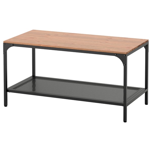FJÄLLBO rustic coffee table with metal and wood design, brown top, black legs, storage shelf.