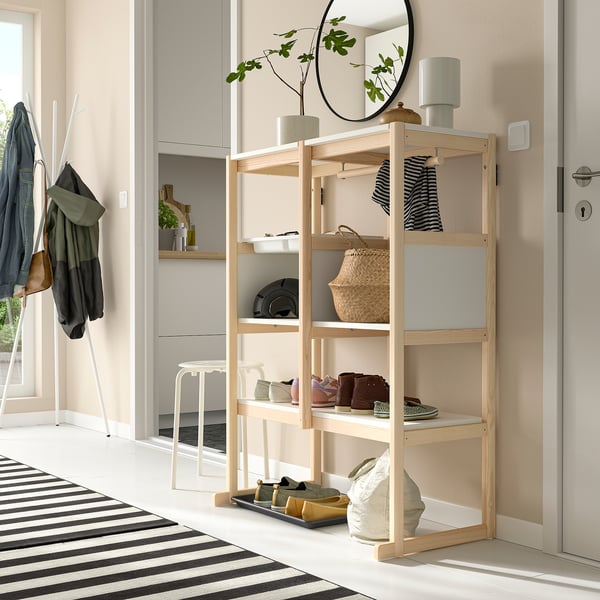 Modern FLISAT storage unit with shelves, rod, and tray, perfect for entryway organisation.