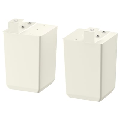 Two white adjustable cabinet legs, each with a simple square shape and metallic screws at the top for secure attachment.