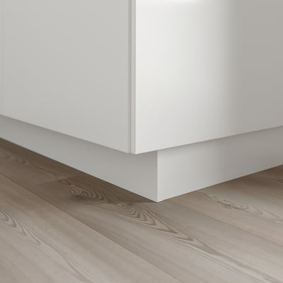 A close-up of white kitchen cabinet plinth, attached above light, wooden floorboards. It conceals the gap between the floor and base cabinet.