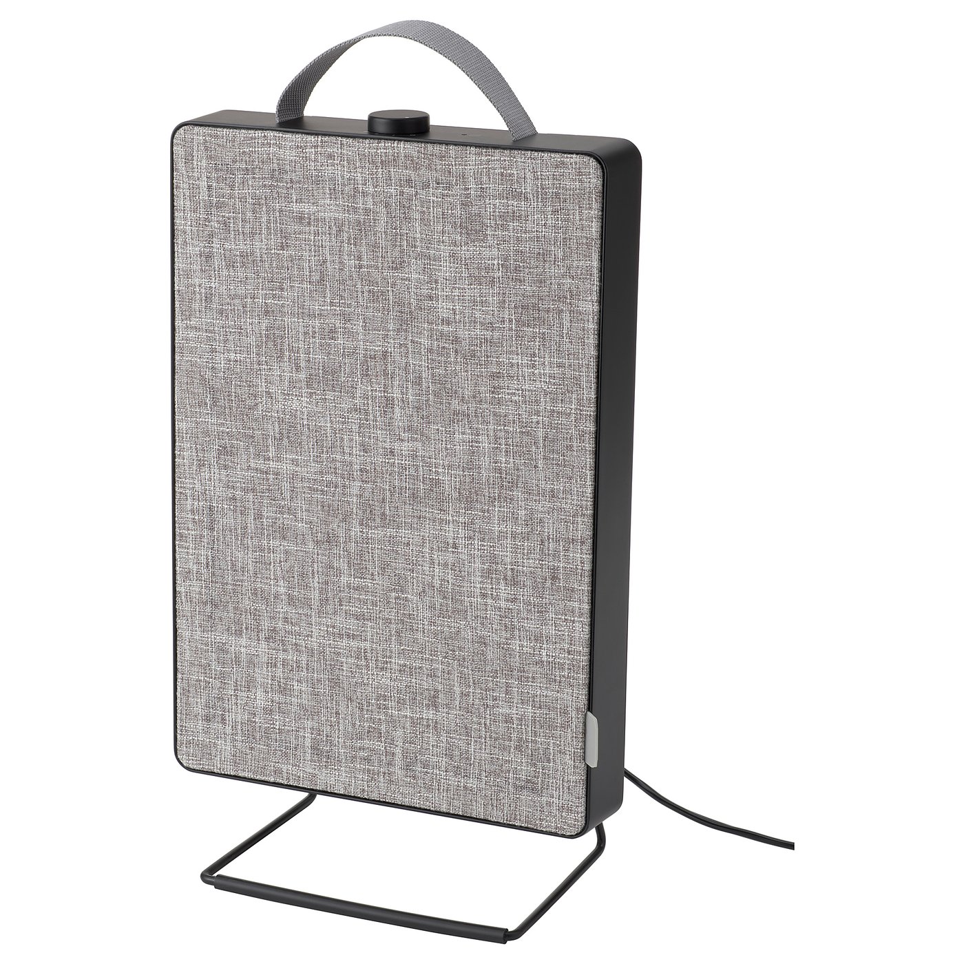 A grey fabric-covered air purifier with carry handle, standing on a base.