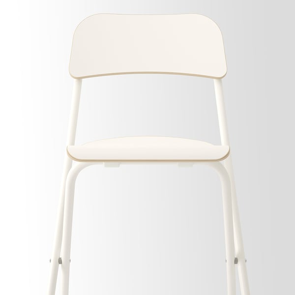 A minimalist white bar stool with curved seat and back, supported by four slender legs. Designed for comfort and easy storage.