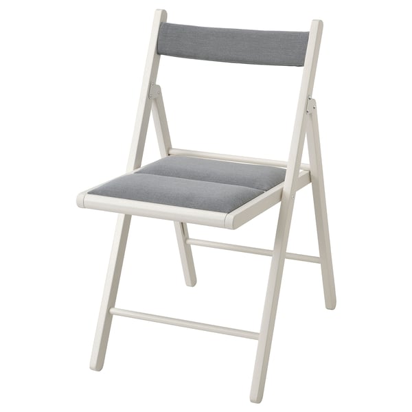 A white wooden foldable FRÖSVI chair with grey cushioned seat and back.