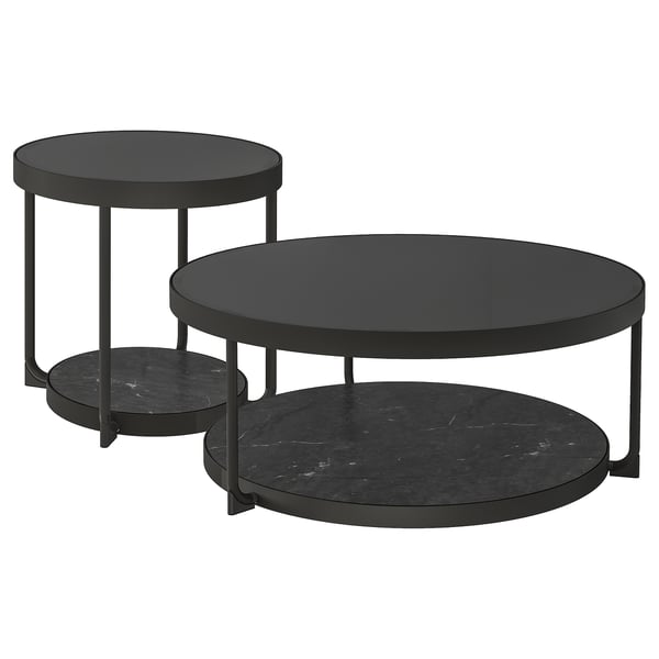 FRÖTORP Coffee table/side table, set of 2, anthracite marble effect/black glass